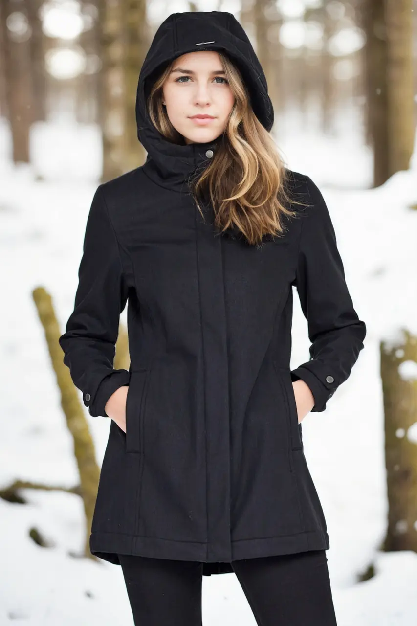 Black Whitney insulated waterproof coat  with hood up
