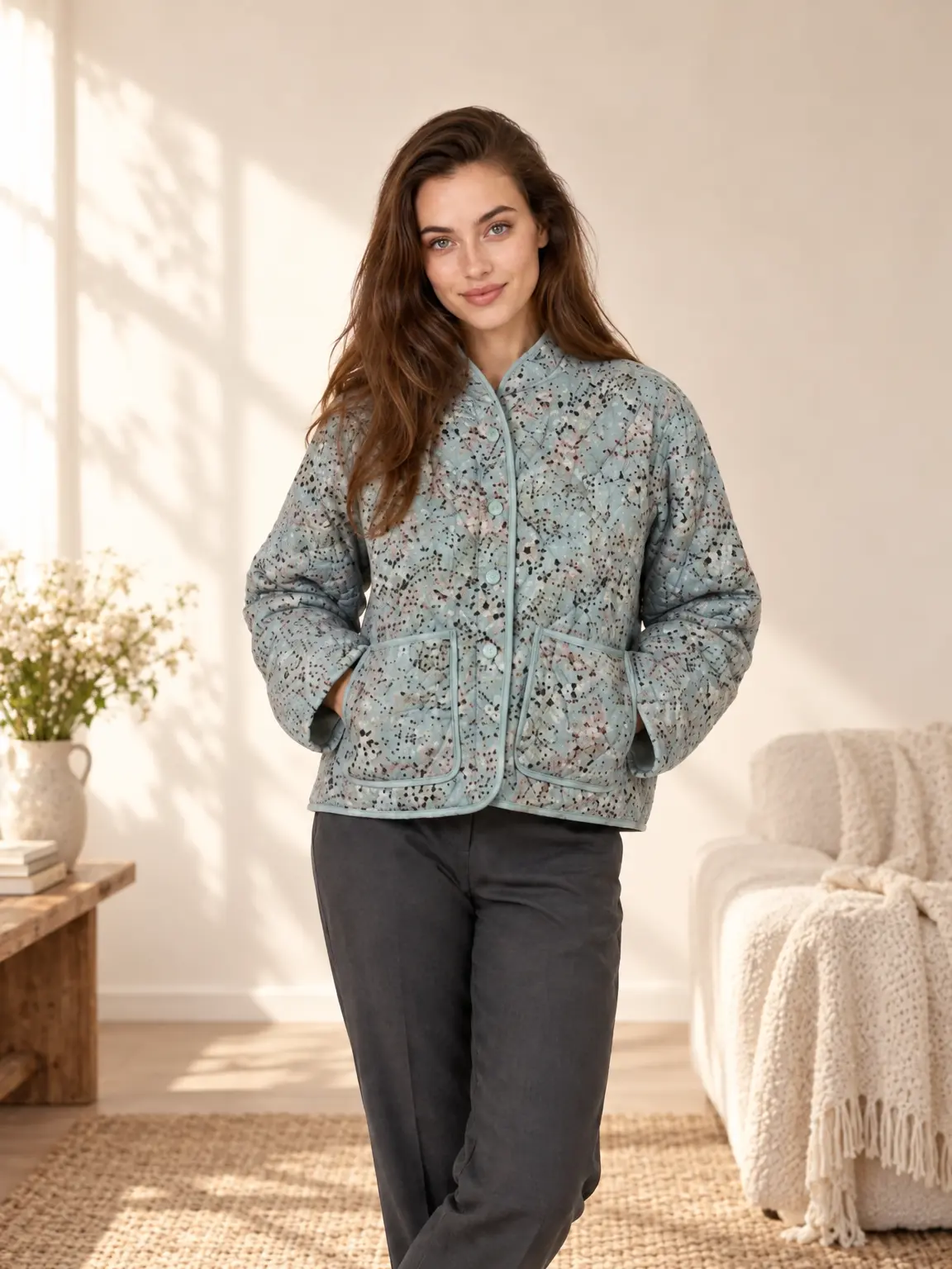 The Ayla Quilted Jacket in floral, personal lifestyle portrait