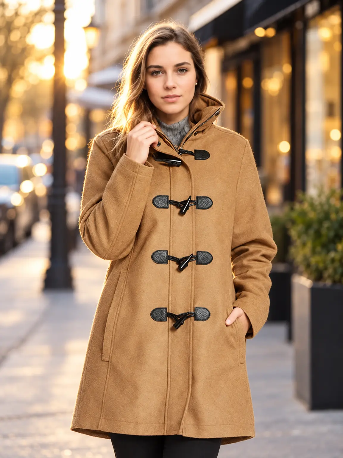 The Dana Coat in camel, personal golden-hour portrait