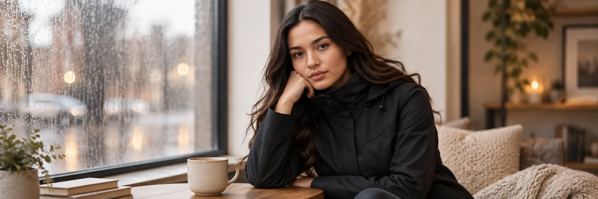 Woman in a black Mia Melon jacket by a rainy window, warm and approachable